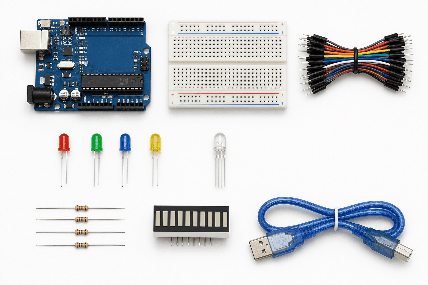 Robo Gurukul Starter Kit contents — Arduino board, breadboard, wires, LEDs and more